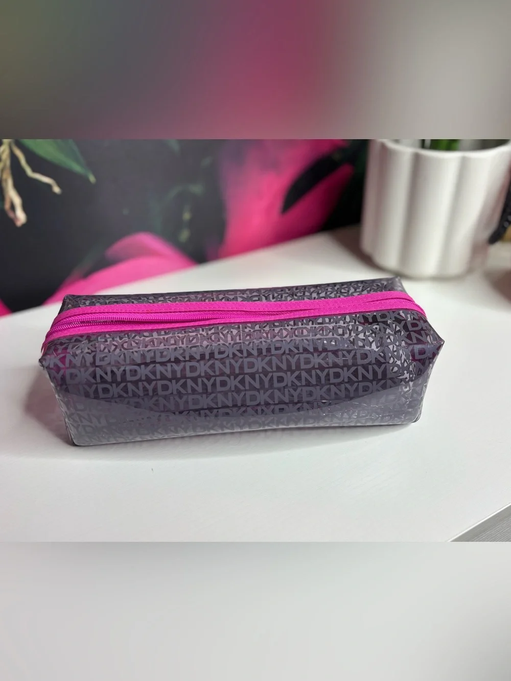 Women’s Pink Accent Gray DKNY Logo Cosmetic Pouch